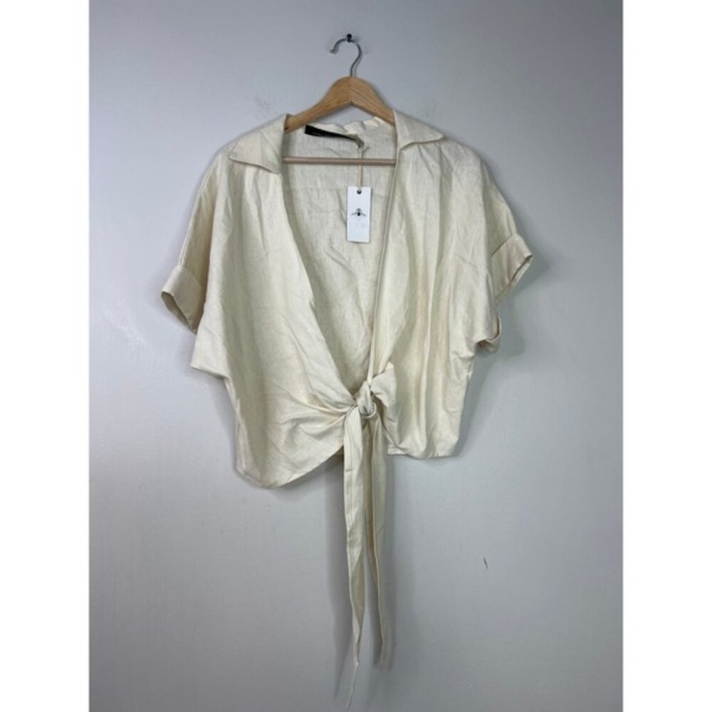 NWT Just Bee Queen Lightweight Linen Deep V-Neck Chiara Top Cream Size: Small - Picture 3 of 10